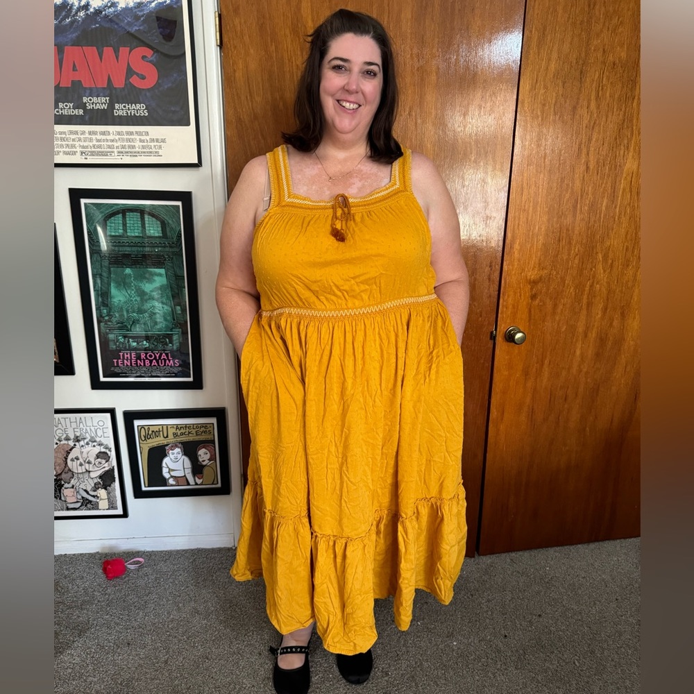 Old Navy 4X, 4, 28W mustard yellow swiss dot midi dress. Embroidered.